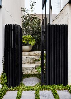 an open gate leading into a garden with plants growing on the steps and in front