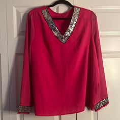 Women's Brand New Pink Tunic Top With Sequin On Neck & Sleeves. Excellent Condition. Size Xl. 100% Polyester Pink V-neck Top With Sequins, Pink Sequined V-neck Top, Pink V-neck Tops For Festive Occasions, Stretch Long Sleeve Tops For Festive Occasions, Pink V-neck Top For Festive Occasion, Festive Long Sleeve Stretch Tops, Chiffon Tunic Top, Shein Fits, Denim Top Women