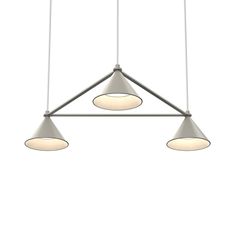 three lights hanging from the ceiling in a triangle shape with two circular light bulbs on each side