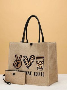 2pcs Leopard Print Heart & Letter Patterned Simple Burlap Tote Bag Set For Travel,Vacation,School Bag,Large Capacity,Portable,Classic Casual,For Teen Girls Women College Students,White-Collar Workers,Perfect For Work,Back To School,Middle School,High School,College,Vacation,Beach Khaki Casual,Vacation    Geometric,Letter,Textured Pattern Tote Bag Set   Women Bags, size features are:Bust: ,Length: ,Sleeve Length: Minimalist Tote Bag, Leopard Print Tote, Travel Bag Set, Minimalist Tote, Bags Sewing, Diaper Bag Tote