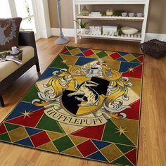 the hogwarts house rug is shown in this living room