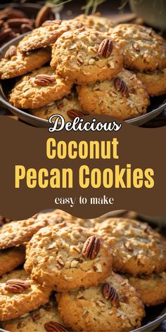 delicious coconut pecan cookies with chocolate chips and pecans in the middle on a plate