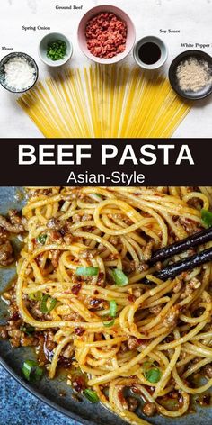 beef pasta with noodles and sauces in bowls