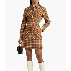 Veronica Beard Women's Fern Mini Shirt Dress Plaid Flannel Saffron Long Sleeve 6 Standard, Fold Over Collar Button-Down Closures At Front Invisible Zipper On Skirt Buttons Along Skirt Are Not Function Long Sleeves 100% Cotton New With Tags K Yellow Long Sleeve Shirt Dress For Fall, Brown Button Closure Shirt Dress For Fall, Brown Shirt Dress With Button Closure For Fall, Yellow Fitted Long Sleeve Shirt Dress, Fitted Long Sleeve Yellow Shirt Dress, Brown Button-up Shirt Dress For Fall, Fitted Yellow Long Sleeve Shirt Dress, Brown Mini Length Shirt Dress For Fall, Yellow Long Sleeve Shirt Dress For Work