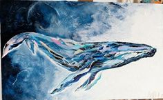 a painting of a blue whale in the ocean