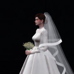 a woman in a white wedding dress and veil holding a flower bouquet with her right hand