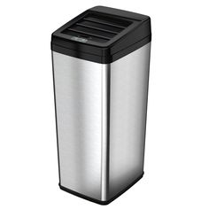 a stainless steel trash can on a white background