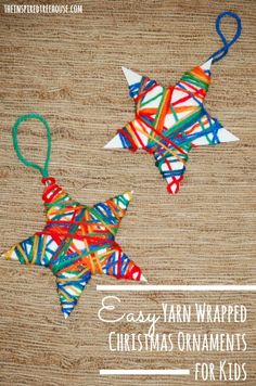 an ornament made out of strips of paper and string with the words easy yarn wrapped christmas ornaments for kids