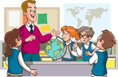 a teacher teaching children how to use a globe in the classroom illustration by john whitis