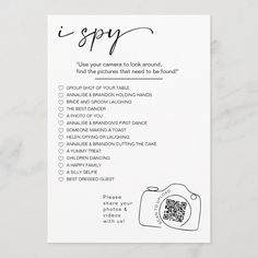 a white card with the words i spy written in black on it and a handwritten checklist