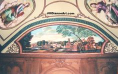 an ornate painting on the side of a wall above a doorway in a building with wooden paneling