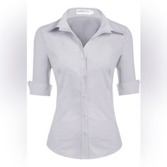 Hotouch Womens 3/4 Sleeve Button Down Shirt Slim Fit | Nwt | Size: M P2p: Approximately 21.5” Full Length: Approximately 27” Fitted Blouse With Rolled Sleeves, Fitted Blouse With Roll-up Sleeves For Office, Classic Half Sleeve Blouse, 3/4 Sleeve Shirt With Button Closure For Work, Fitted Half Sleeve Shirt With Button Closure, 3/4 Sleeve Blouse For Workwear, Half Sleeve Blouse With Button Closure For Work, Office Cotton Shirt With 3/4 Sleeves, Classic Half Sleeve Tops With Button Closure