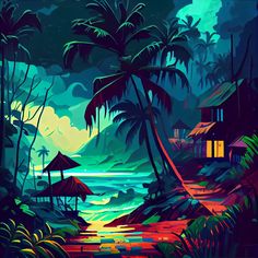 a painting of a tropical landscape with palm trees and houses on the shore at night