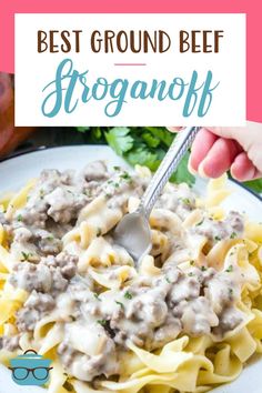 the best ground beef stroganoni recipe on a white plate