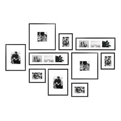 black and white photo frames arranged in the shape of a wall with multiple pictures on it