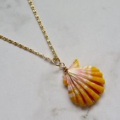 "Hawaiian Sunrise Shell Necklace~ This necklace has a beautiful orange and pink wire wrapped Hawaiian sunrise shell on gold fill chain. Sunrise shells are only found in Hawaii, a true gem to the islands and collectors. Shell approx. 1\" Chain is adjustable 18.5\"-19.5\" Model wearing similar necklace Checkout our sunrise shell jewelry~ https://www.etsy.com/shop/HanaMauiCreations?ref=seller-platform-mcnav&search_query=sunrise+shell+jewelry SHOP~ http://www.etsy.com/shop/HanaMauiCreations?ref=si_s Handmade Gold Shell Strand, Handmade Gold Strand Shell, Wire Wrapped Shell Necklace For Beach, Beach Shell Necklace Wire Wrapped, Gold Wire-wrapped Necklaces For The Beach, Gold Wire Wrapped Necklace For The Beach, Beach Wire Wrapped Shell, Wire Wrapped Shell Necklaces In Shell Shape, Wire Wrapped Shell Necklaces