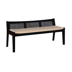 a black bench with beige seat cushions on white back drop down to the bottom and sides