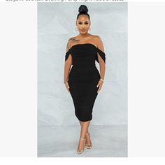 New With Tags Black Stretch Off-shoulder Midi Dress, Black Off-shoulder Ruched Midi Dress, Black Off-shoulder Bodycon Dress For Spring, Trendy Black Ruched Bodycon Dress, Trendy Black Midi Dress For Evening, Black Ruched Midi Dress For Going Out, Trendy Black Midi Dress For Date Night, Trendy Ruched Midi Dress For Night Out, Black Off-shoulder Midi Dress For Spring