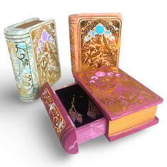 These book shaped jewellery boxes are the most enchanting little pieces of decor for any room. They have been designed so they can be displayed any way you like, stood on their end, laid down on your vanity and even stacked on top of each other, you will always be able to access the contents due to the way the drawer opens. This book design is all about the potions, Alchemy is defined by the medieval chemical science and speculative philosophy whose aims were the transmutation of the base metals Book Jewelry Box Diy, Interesting Bedroom, Diy Trinket Box, Creative Jewelry Storage, Cute Trinkets, Storage Bookshelf, Herb Art, Chemical Science, Girls Room Design