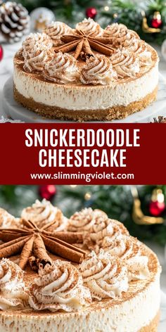 a cheesecake with cinnamon sticks on top and the words, snickkerdoodle cheesecake