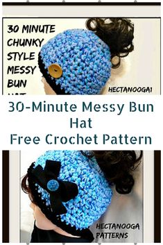 the crochet hat is made with blue yarn and has a black bow on it