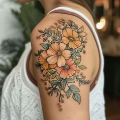 Detailed floral tattoo design on upper arm with vibrant flowers and botanical elements - precise ink work for body art enthusiasts. Vintage Tattoo Sleeve, Botanical Tattoo Design, Belle Tattoo, Arrangement Of Flowers, Flower Wrist Tattoos, Flower Tattoo Arm, Tasteful Tattoos, Sweet Tattoos, Birth Flower Tattoos