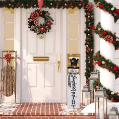 a white door decorated with christmas decorations and wreaths