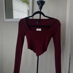 Brand New With Tags Size Small, Fits True To Size Perfect For Fall! Trendy Stretch Burgundy Tops, Trendy Burgundy Stretch Top, Red Long Sleeve Trendy Crop Top, Trendy Red Long Sleeve Crop Top, Long Sleeve Cotton Crop Top For Night Out, Burgundy Stretch Top For Night Out, Stretch Burgundy Tops For Night Out, Fitted Burgundy Tops For Night Out, Trendy Burgundy Cotton Tops