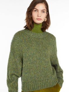 Find MAX MARA Mohair Chiné Yarn Sweater on Editorialist. Stockinette-stitched crew-neck sweater in fine mohair chiné yarn. The relaxed-fit model boasts drop-shoulder long sleeves and rib-knit trims. Max Mara Weekend, Green Knit Sweater, Yarn Sweater, Green Crewneck, Latest Sweater, Mohair Sweater, Satin Stitch, By Max, Knitwear Cardigan