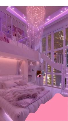 a large white bed sitting in a bedroom next to a window covered in pink lights