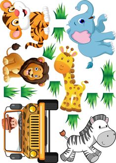 various cartoon animals are grouped together in this image