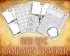 three pages with the words dnd rc campaign trackerr