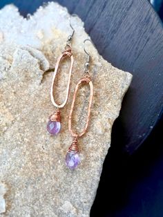 Rustic Amethyst Paper Clip Drop Earrings   ✨ Choose your preferred Earwires ✨ Handmade, Forged, and Hammered Copper ✨ Faceted Authentic Amethyst 💫 Handcrafted using natural materials, these earrings feature the beautiful faceted Amethyst gemstone -the February Birthstone. The hammered texture and earthy tones allow the delicate purple shades to pop-making these a tasteful boho choice.   All items are shipped ready to gift or enjoyed as a treat. Feel free to reach out if you have any questions.  See more styles here! https://www.etsy.com/shop/BinkStudio?ref=profile_header&section_id=35372010 Handmade Oval Purple Earrings, Handmade Amethyst Teardrop Crystal Earrings, Amethyst Wire Wrapped Drop Earrings, Handmade Amethyst Drop Earrings, Nickel Free Amethyst Long Drop Earrings, Handmade Lavender Crystal Drop Earrings, Lavender Amethyst Earrings With Ear Wire, Lavender Amethyst Dangle Earrings, Lavender Amethyst Earrings