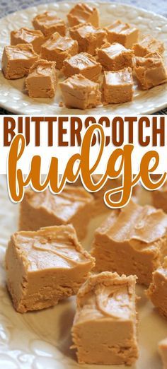 butterscotch fudge brownies on a plate with the title in the middle