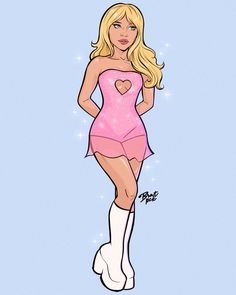 a drawing of a woman in a pink dress and white boots with her hands on her hips