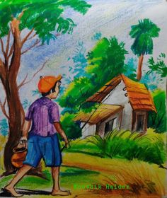 a drawing of a man walking in front of a tree with a basket on his shoulder