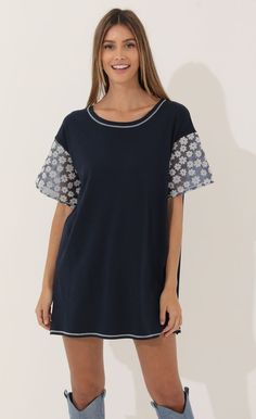 Lydia Shirt Dress in Navy Floral | LUCY IN THE SKY Navy Tops For Daywear In Spring, Navy Tops For Spring Daywear, Lucy In The Sky, Mesh Sleeves, Navy Floral, High Boots, Knee High Boots, Tshirt Dress, Knee High