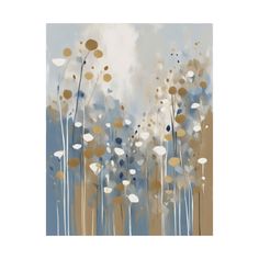 an abstract painting with gold and blue flowers on the bottom half of it, against a gray background