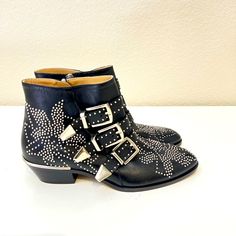 New, Never Worn. Box Included. Size 36, Us6. Made In Italy. Elegant Studded Leather Boots, Designer Low Heel Calf Leather Boots, Luxury Studded Boots, Designer Black Boots With Studs, Designer Black Boots With Buckle Closure, Designer Black Low Heel Boots, Designer Black Studded Boots, Luxury Closed Toe Boots With Buckle Closure, Elegant Studded Closed Toe Boots