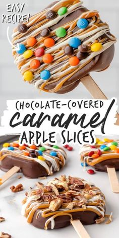 chocolate covered caramel apple slices with candy toppings on top and in the middle