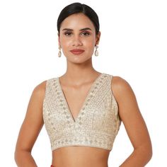 Silk And Polyester, Dry Clean Only, Padded Bra Area Gold And Sequin Embroidery Bollywood Style V-neck Top With Resham Embroidery, Traditional V-neck Tops With Intricate Embroidery, Bollywood Style Festive V-neck Top, Festive Bollywood V-neck Top, Elegant V-neck Tops With Zari Work, Elegant V-neck Top With Zari Work, Bollywood V-neck Blouse With Resham Embroidery, Traditional Gold V-neck Tops, Festive V-neck Tops With Zari Work