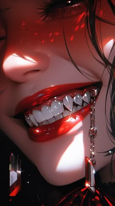 a close up of a woman's mouth with teeth and chains hanging from it