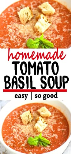 homemade tomato basil soup in a white bowl