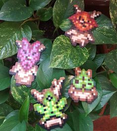 some pixel art brooches are sitting on top of green leafy plants in front of a window