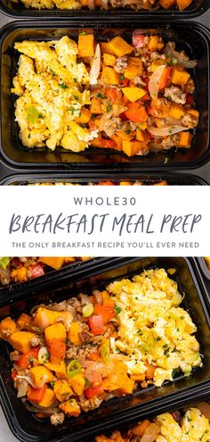 three plastic trays filled with different types of meal prepped in them and the words whole 30 breakfast meal prep