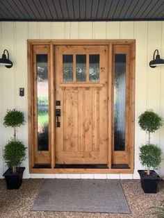 a wooden door with two potted plants next to it