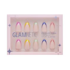 Glamnetic's Press-On Nails are meant to last up to 2 weeks with each set crafted from high-quality materials to prevent bending/splitting. The Sprinkles Nail Set features a french tip with pops of bright colors to match your happiest vibes. How to use: Remove any previously applied nail polish. Wash and dry hands. Gently push back cuticles using the cuticle stick and sanitize nails with alcohol pads. Size Glamnetic nails by placing on finger and select sizes best suited for your natural nails. A Rainbow French Tip Nails, Sprinkle Nails, Rainbow French, French Tip Design, Ootd Instagram, Nail Pops, Transparent Nails, Tip Nails, Almond Shape