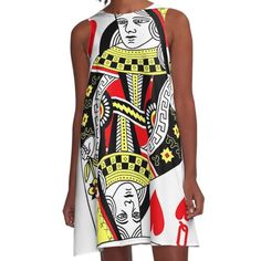 a woman wearing a dress with an image of queen of spades on it