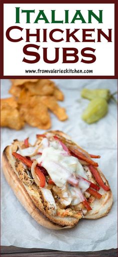 italian chicken subs with red peppers, onions and mayonnaise on a bun