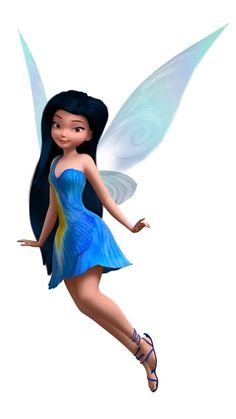 a fairy with long black hair and blue dress is standing in front of a white background